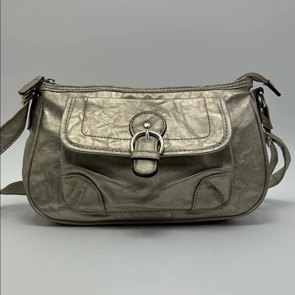Vintage Y2K Metallic Shoulder Bag Sleek Big Buckle Faux Leather Baguette Satchel